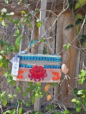 Viral Crab Beaded Crossbody Bag in Teal and Coral